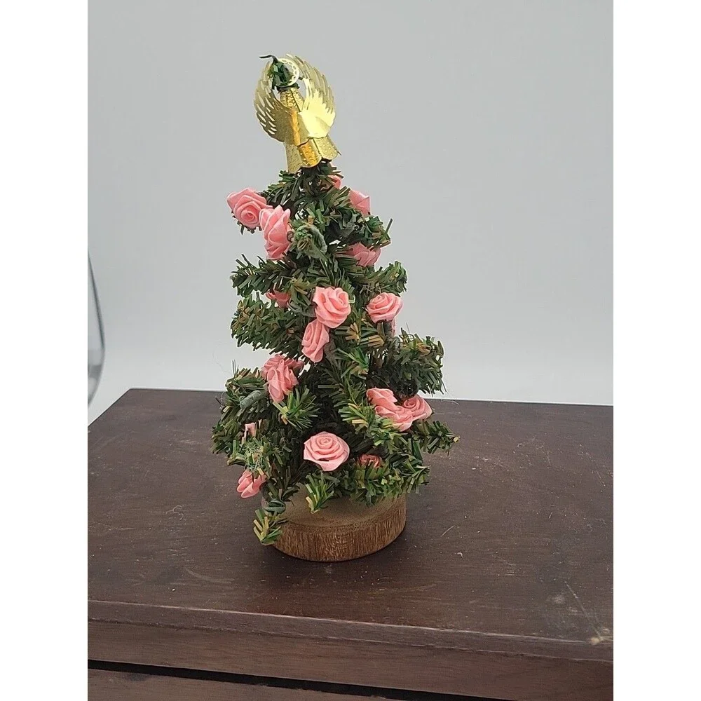 Vtg Pink Satin Rose Mini Christmas Tree With Gold Angel Topper Tiny House Small